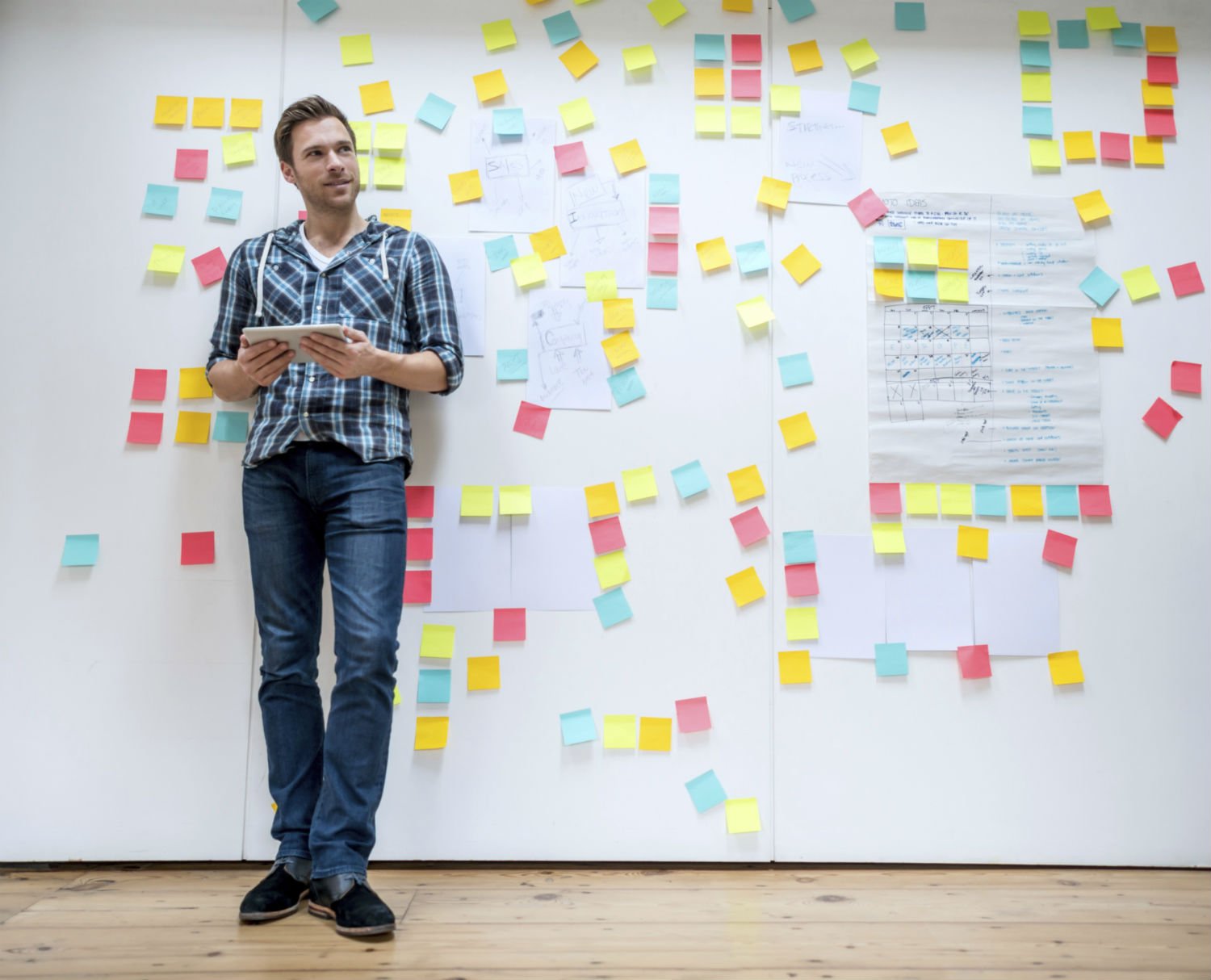Entrepreneur leaning on a wall covered in post-it notes